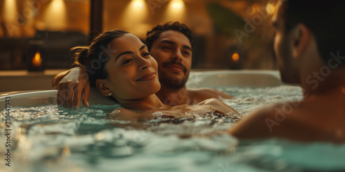 Verliebetes Paar sitzt im Whirlpool und genießt den Moment photo