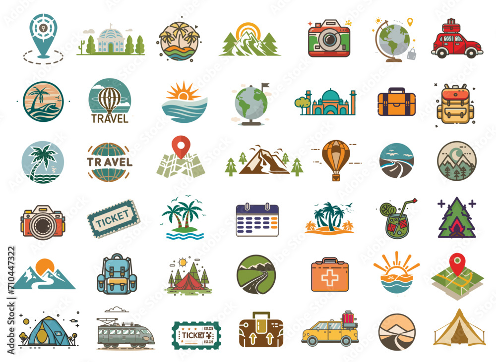 Fototapeta Collection of Travel Tourism icon, Trip Planning World Tour. Holiday Vacation, Travel and Transport concept. Eps 10 Vector