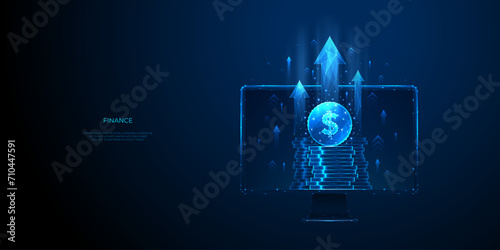 Stock market and investment concept. Digital coin dollar stack with growth arrows on a computer monitor screen. Abstract futuristic low poly wireframe style. Light blue monochrome vector illustration.