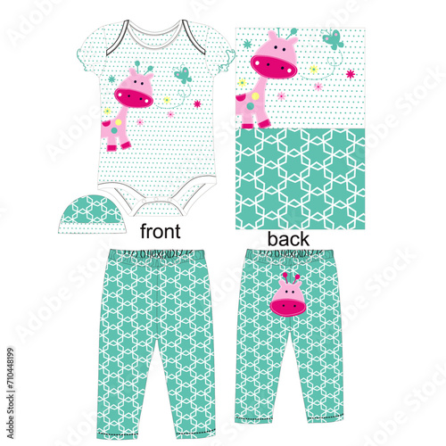 girls body suit with cap & pant little giraffe butterfly print