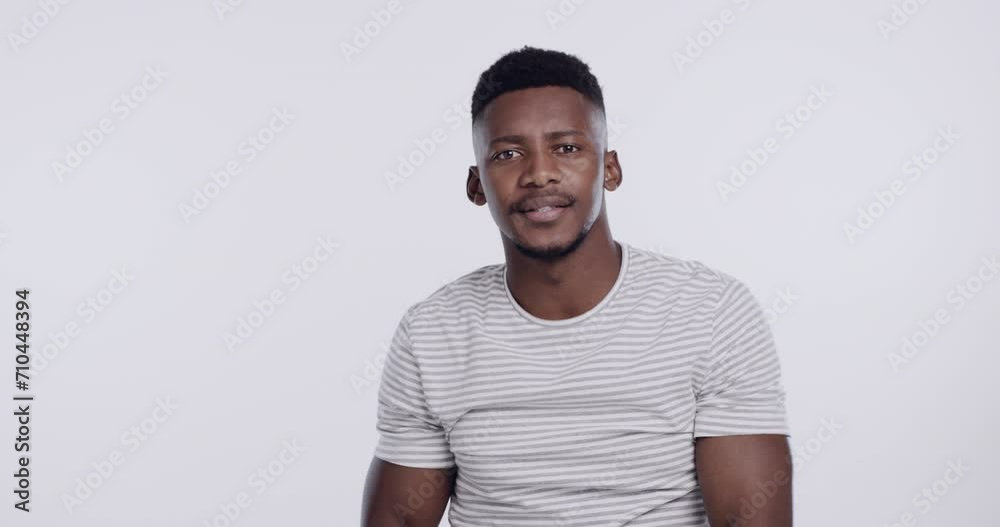 Shocked, surprise and face of black man on a white background with emoji, facial expression and reaction. Omg, what and portrait of isolated person for wtf announcement, amazed and alarm in studio