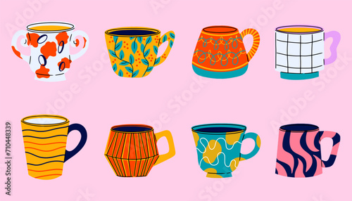 Collection of different modern cups . Set of colored mugs filling decorated with design elements vector flat illustration Cute trendy crockery with handle for drink