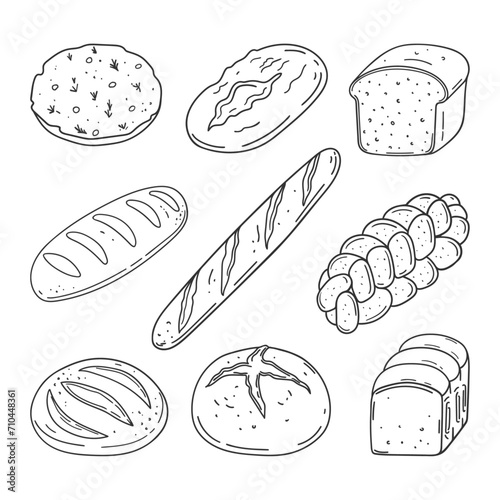 Set of hand drawn black and white types of bread. Simple illustration isolated on white background. Design elements for label, menu, bakery