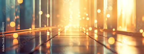 A mesmerizing corridor awash in a golden glow, with a bokeh light effect that creates a sense of warmth and an inviting path that leads towards a luminous end