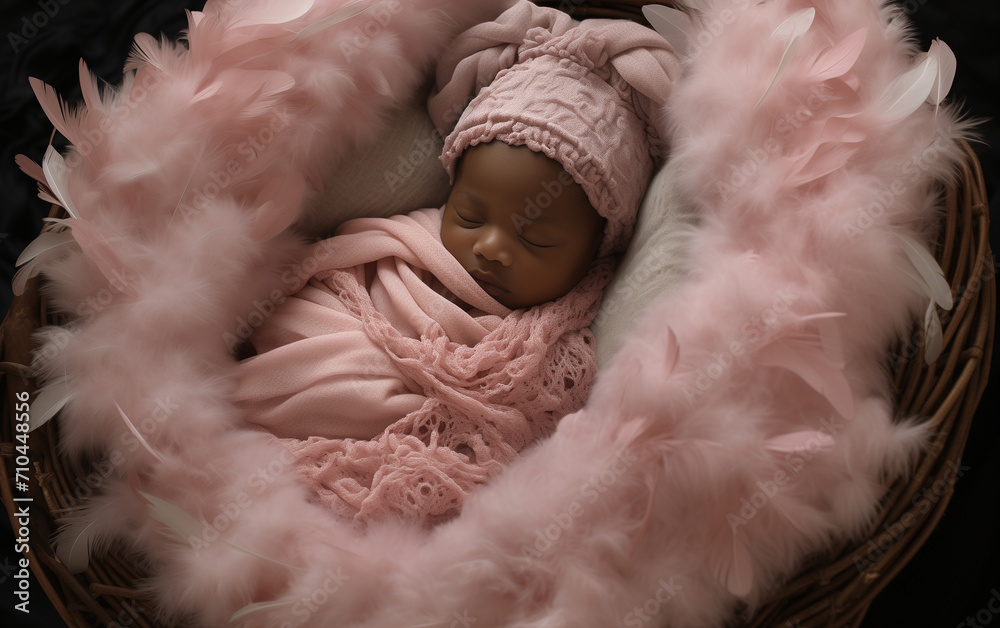 A newborn baby wrapped in pink feathers lies on the wooden floor, wrapped in a pink blanket A newborn baby wrapped in pink feathers lies on the wooden floor, wrapped in a pink blanket