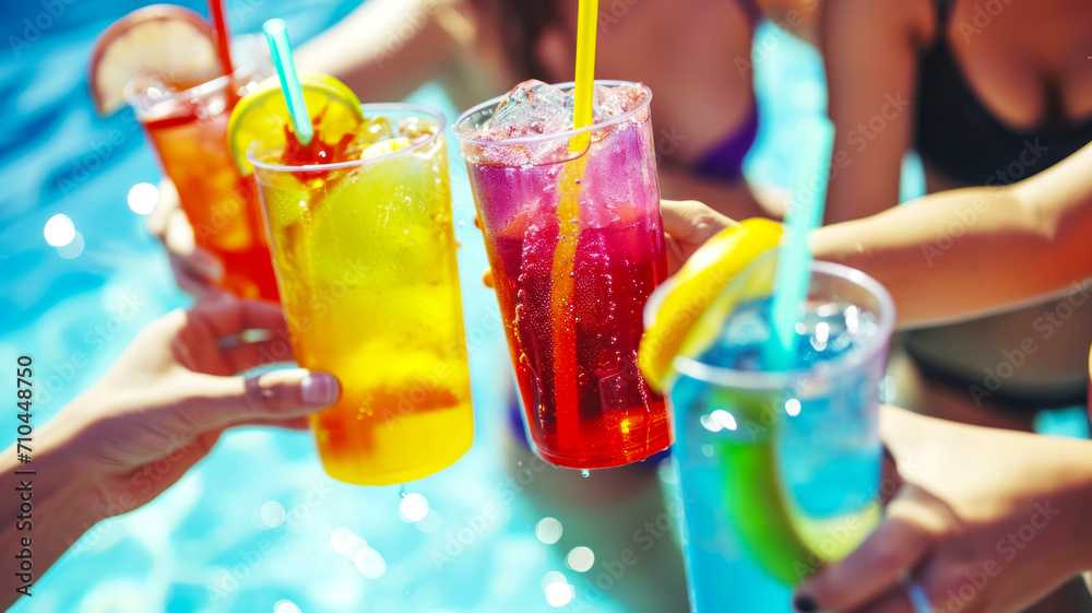 Glasses of lemonade in the hands of friends against the backdrop of the pool, a student party in the pool, the idea of a summer vacation and meeting, advertising refreshing lemonades and juices - obrazy, fototapety, plakaty 