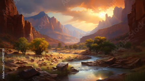 a canyon landscape with towering cliffs, painted in warm colors during a vibrant sunset, capturing the grandeur of nature in high definition detail