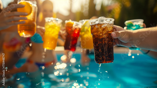 Favorite natural soft drinks in hands against the backdrop of the pool during a party, concept for advertising refreshing lemonades and juices at a student pool party