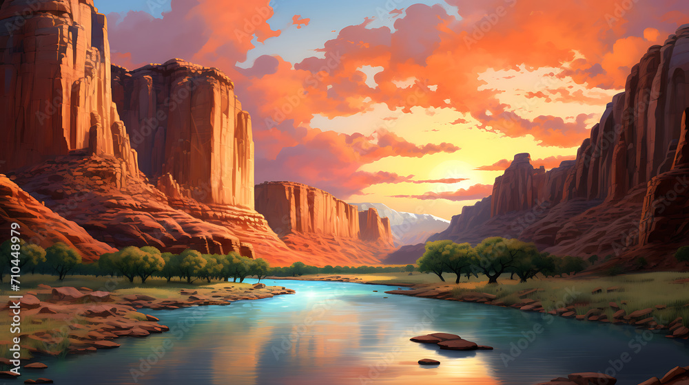 a canyon landscape with towering cliffs, painted in warm colors during a vibrant sunset, capturing the grandeur of nature in high definition detail - obrazy, fototapety, plakaty 