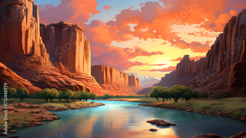 a canyon landscape with towering cliffs  painted in warm colors during a vibrant sunset  capturing the grandeur of nature in high definition detail