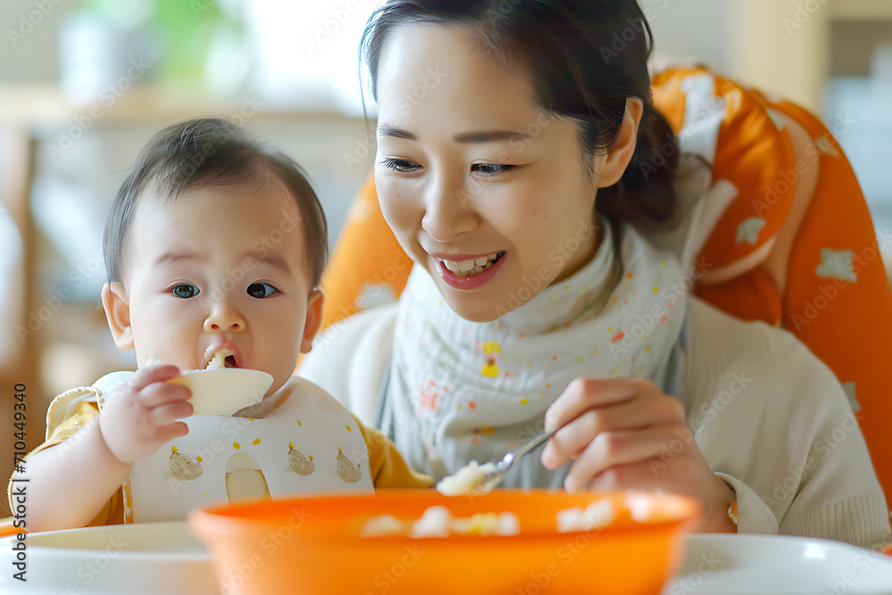 Mother's Nurturing Moment During Mealtime. A joyful Asian mother in a white blouse and a patterned scarf feeds her child, who curiously tastes the food. Mother's Nurturing Moment During Mealtime. A joyful Asian mother in a white blouse and a patterned scarf feeds her child, who curiously tastes the food.