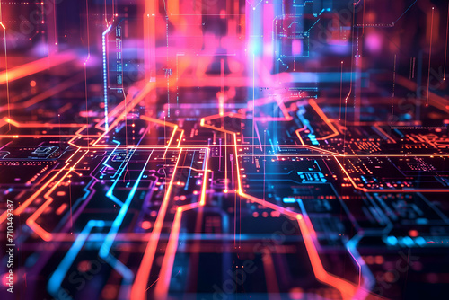 A futuristic technology background featuring a complex network of digital circuits and glowing neon lines, symbolizing advanced AI systems. High-tech, blue vibrant, and dynamic. 