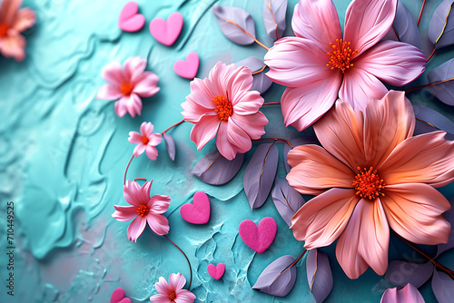 Abstract Floral Background with Space for Text. Stylized flowers in shades of pink and peach, with contrasting turquoise leaves and scattered hearts on a textured aqua background, perfect for a design #710449525