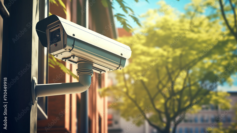 Urban Surveillance Security Camera mounted on a building wall overlooking a sunny city street with blooming flowers