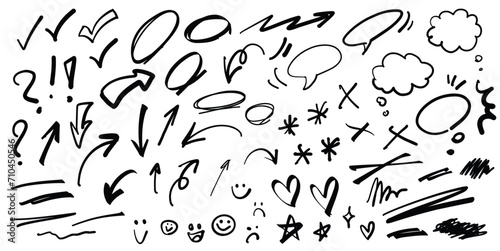 Decorative doodles sketch scribble hand drawn handmade pencil pen marker set vector graphic design illustration art for business infographic journal set pointing arrow speech bubble line outline shape