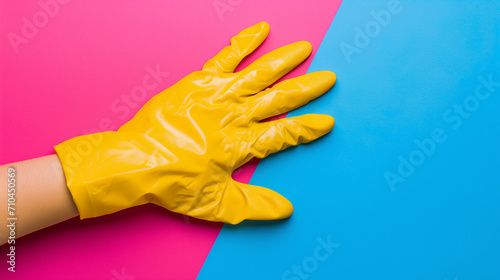 gant en caoutchouc jaune posé sur un fond rose et bleu pour symboliser le partage des tâches ménagères
