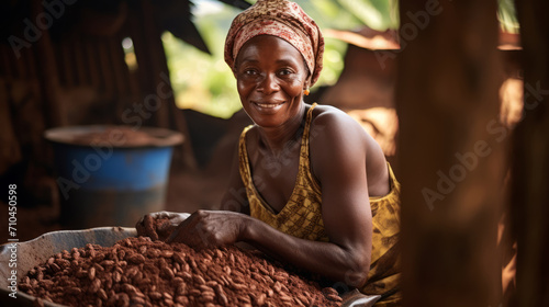 Portrait of a African woman with cocoa beans in the market photo