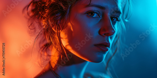 Young woman, piercing look, red-blue contrast lighting, reflective mood, enigmatic ambiance