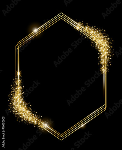 Vector template of shining gold frame, background with glitter for Christmas celebration party, New Year card, wedding, bachelorette party, baby shower party, logo, casino, birthday.