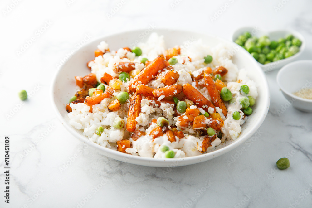 Rice bowl with carrot and pea Rice bowl with carrot and pea