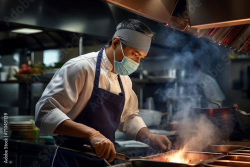 Chef in medical mask is cooking in a busy kitchen