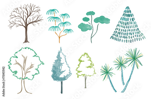 Abstract tree watercolor vector illustration  Minimal style tree painting hand drawn  Side view  set of graphics trees elements drawing for architecture and landscape design.