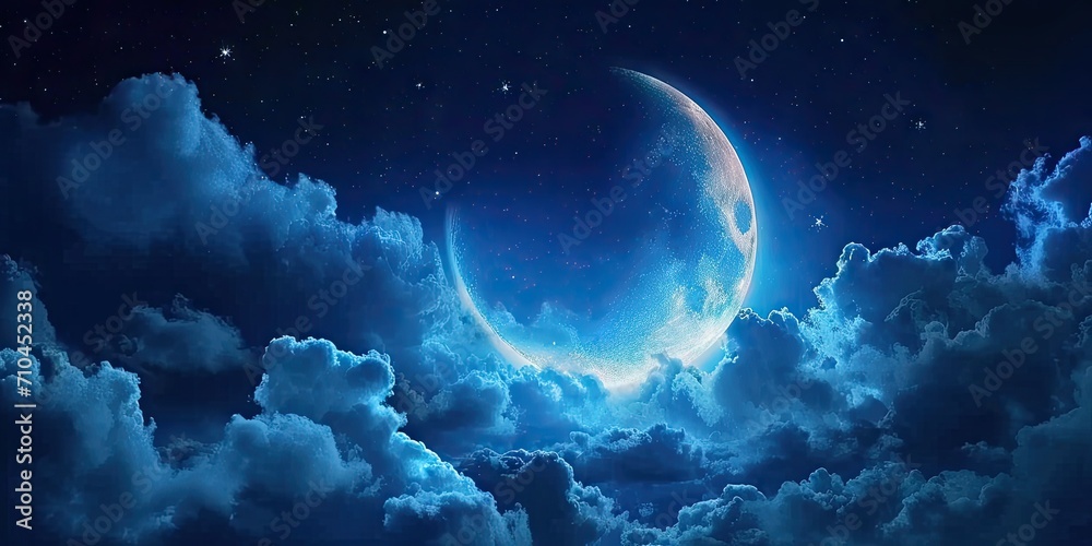 Fototapeta premium Celestial elegance. Captivating moon night sky with stars clouds and touch of mystical blue perfect for portraying beauty of astronomy and dreams