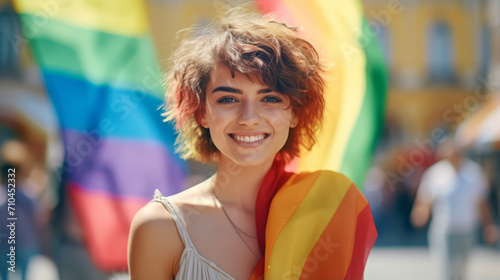 Photo of charming beautiful happy woman on LGBT parade