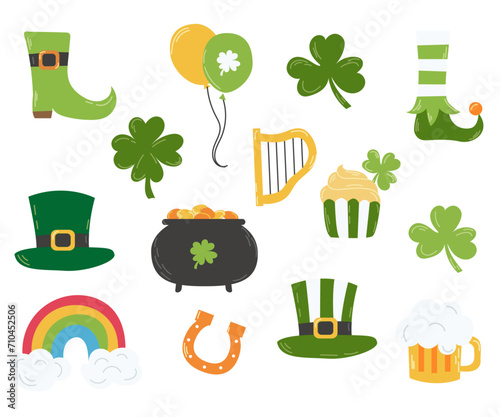 Happy St. Patrick's Day elements mega set with green clover, shamrock, green ale, gold coins pot, and rainbow on white background. St. Patrick's Day typography mega bundle. Saint Patrick's Day ...