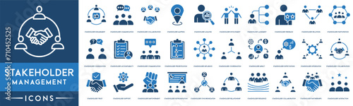 Stakeholder management Outline Icon Collection. Thin Line Stakeholder Engagement, Communication, Collaboration, Analysis, Feedback, Relations, Participation, Communication, Influence and Resilience photo