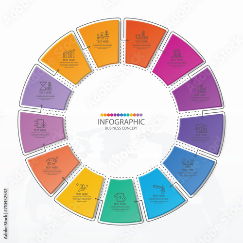 Basic circle infographic with 13 steps, process or options.