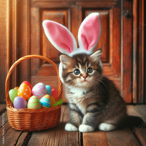 Cute kitten wearing bunny ears for Easter © robfolio