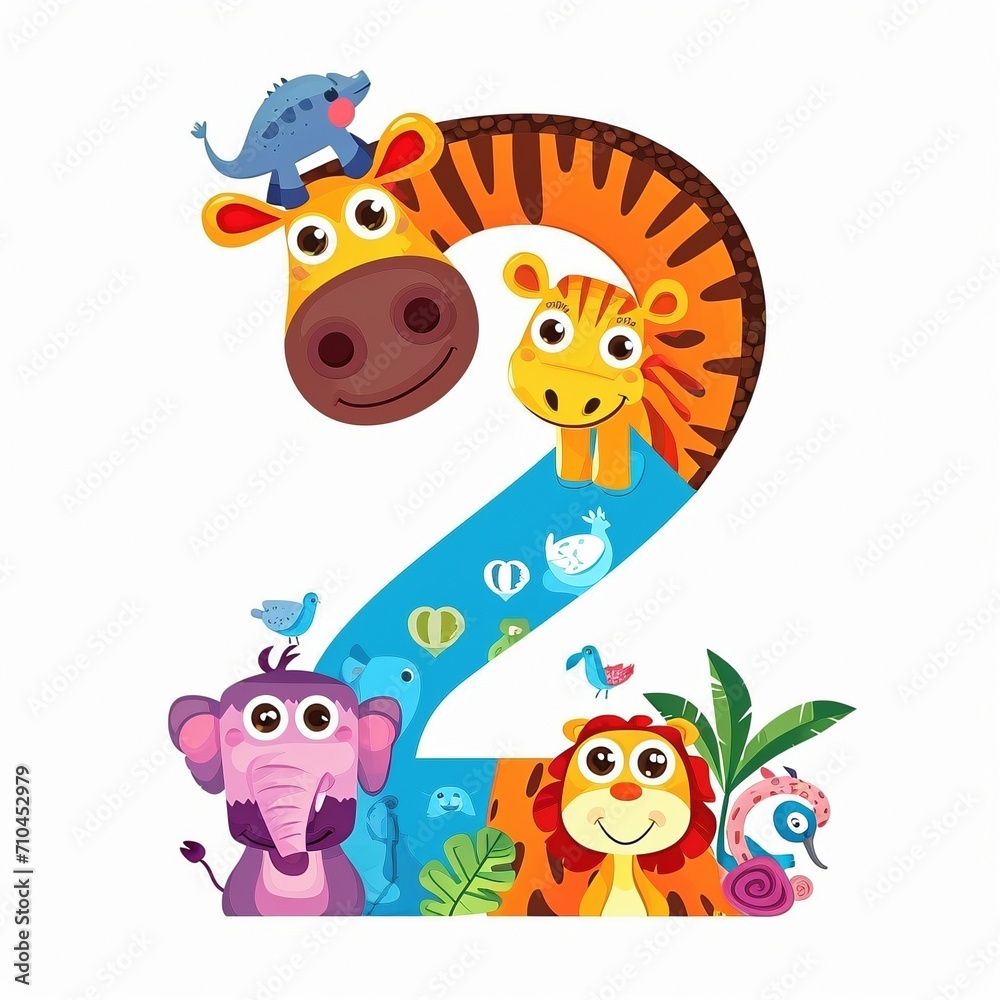 Obraz premium the number 2 cartoon drawing with animals