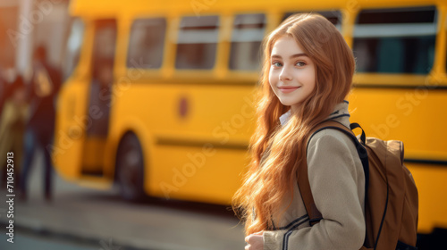 Beautiful female student is standing against school bus