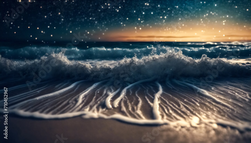 Notte Stellata sull'Oceano- Onde che Lambiscono una Spiaggia Sabbiosa sotto un Cielo Stellato photo