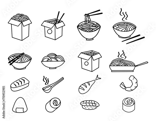 Street food. asian ramen bowl and box of noodle soup. Vector food icons. Emblems for Asian cuisine wok dishes menu