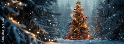 Christmas tree, festooned with vibrant red ornaments and artisanal knitted toys, snowy forest backdrop, its lights twinkling like stars against the soft snow. christmas tree with snow