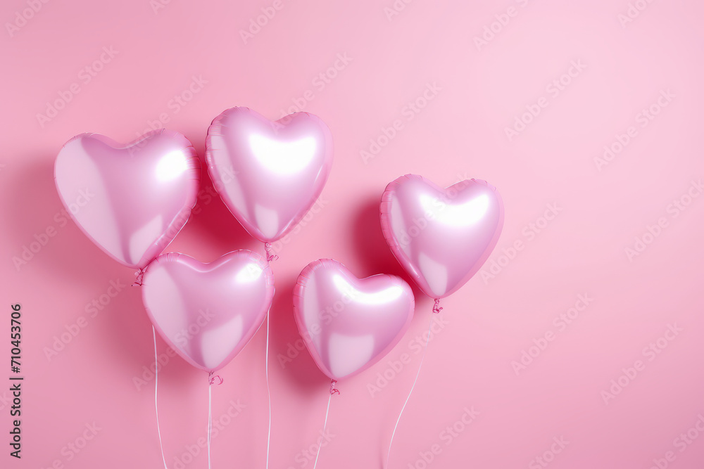 Pink heart shaped helium balloons on background