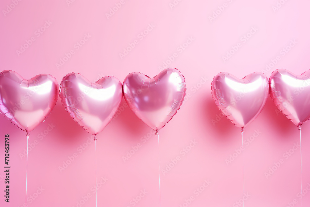 Pink heart shaped helium balloons on background