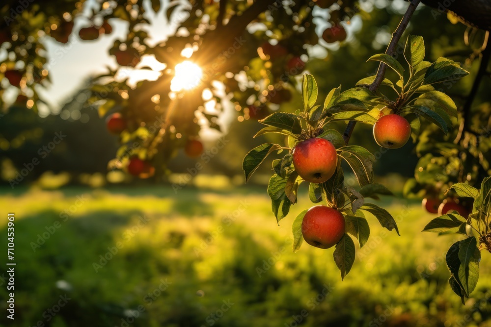 Red apples on apple tree branch in orchard at sunset. Autumn harvest.
