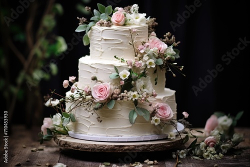 Wedding cake decorated with flowers and berries on a wooden background