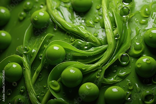 Vászonkép Green pea with water drops close-up. Natural background.