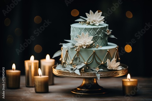Wedding cake with flowers, candles and bokeh background