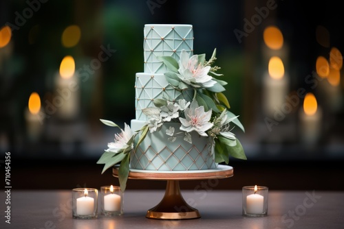 Wedding cake decorated with flowers and candles on the table.