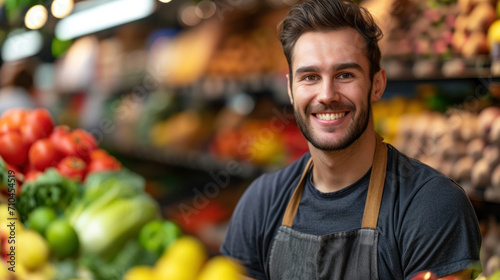 Smiling young male supermarket worker looking at the camera, with fresh produce in the background. Multicultural with copy space.