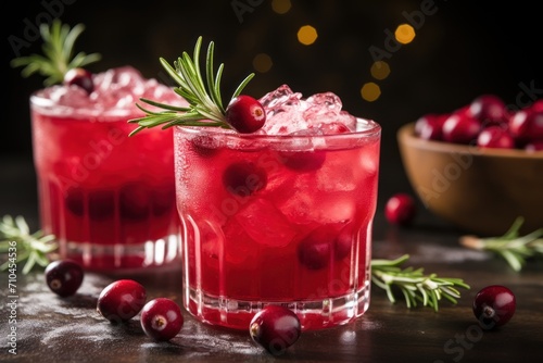 Cranberry cocktail with lime and rosemary on a wooden table
