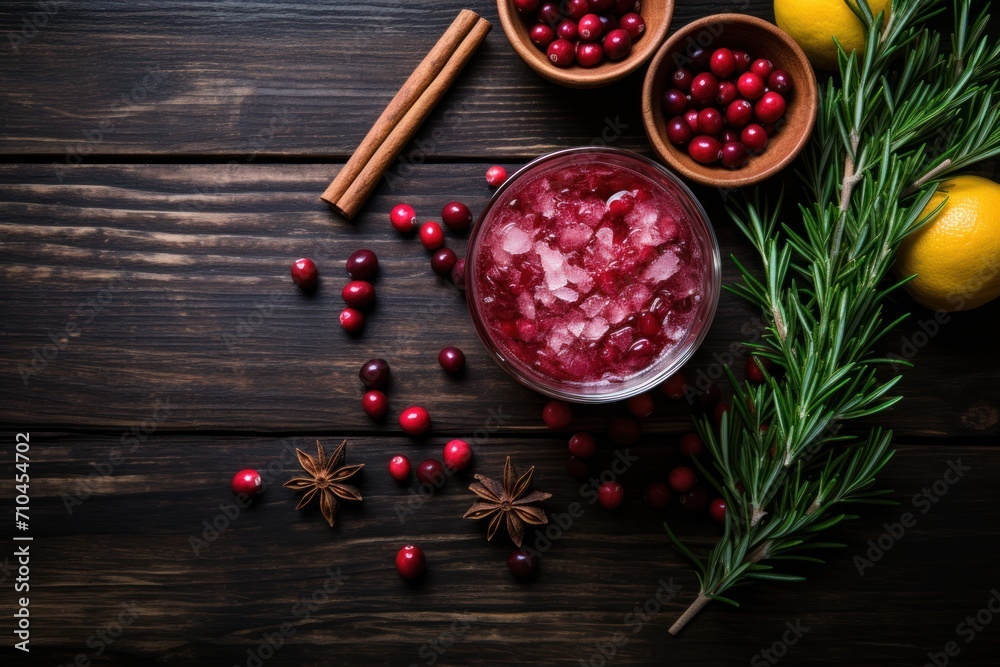 Cranberry drink with rosemary and spices on dark wooden background