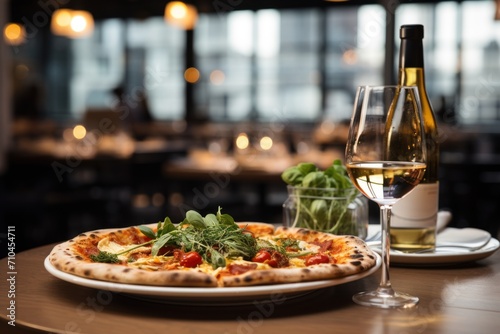 Pizza with mozzarella cheese, tomatoes and basil on a wooden table. Restaurant concept, food delivery, farm food products