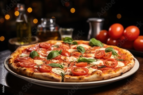 Pizza with mozzarella cheese, tomatoes and basil on a wooden table. Restaurant concept, food delivery, farm food products