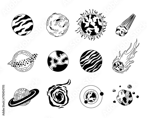 Set solar system planets in universe outer space, vector icons. Solar system planets Sun, Saturn and Moon, Earth and Mars